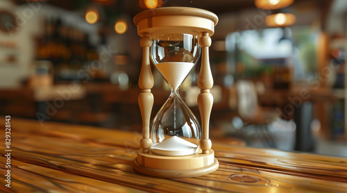 On a wooden table, a modern hourglass is running in time. Generative AI.
