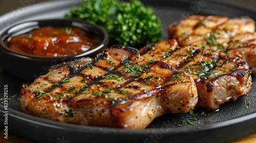 A plate of tender pork chops, served with apple sauce.