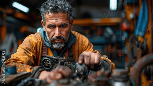 Male mechanic repairing car engine