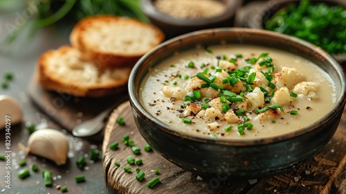 A bowl of creamy cauliflower soup, garnished with chives.