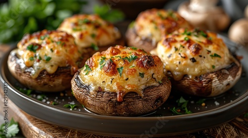 A plate of savory stuffed mushrooms, filled with cheese and herbs.