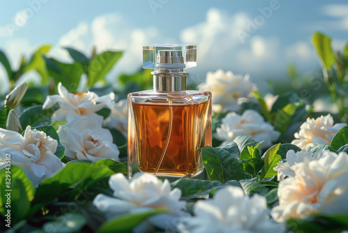 A perfume bottle, with a glass cap and label at the center of the composition, is surrounded by white gardenia flowers against a background of a blue sky with clouds.