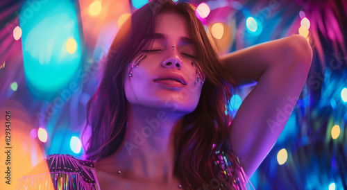 A woman, adorned in an elegant top with shoulder fringes and long hair, dances amidst neon and colorful lights.