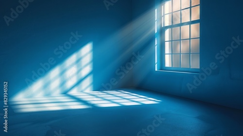 A light blue backdrop with window shadow and sun rays exhibits a simple minimalistic style.