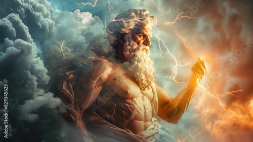 Illustration of ZEUS, god of sky and thunder. Zeus, king of the Greek gods, is ready to hurl lightning down on the world and mankind.