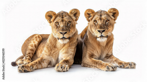 Two lionesses sit side by side, indicating strong bond, symmetry, and vigilance