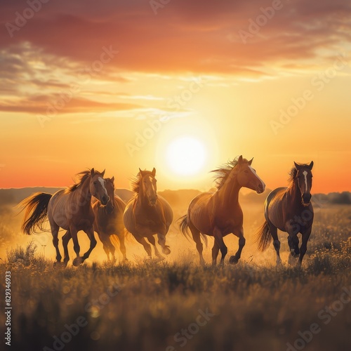 A herd of horses running across the dusty ground in front of the hills at sunset. Beautiful sunset orange light.