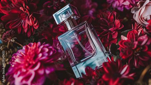 Perfume bottle with beautiful flowers. Beauty concept. Flat lay, top view