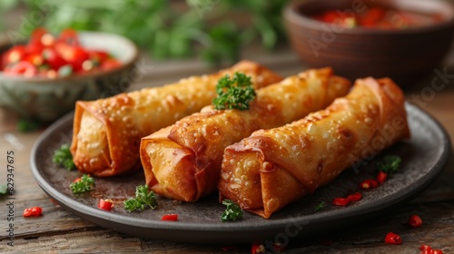 Zoom in on a plate of crispy spring rolls, featuring golden-brown wrappers filled with a savory mixture of vegetables, shrimp