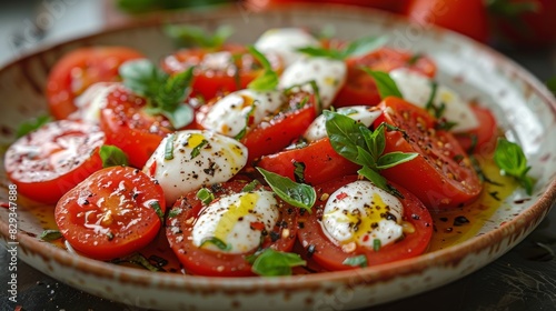 Capture the crispness and freshness of a plate of caprese salad, featuring ripe tomatoes, creamy mozzarella, and fragrant basil.