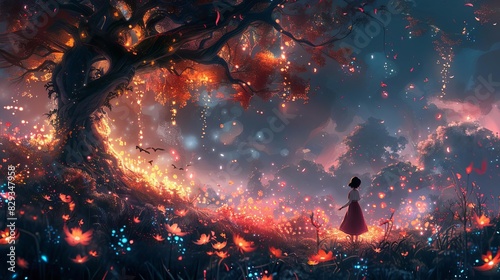 A magical illustration of a fairy tale scene with a princess and enchanted creatures