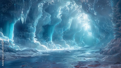 A mystical ice cave with crystalline formations and hidden treasures