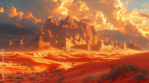 A surreal desert with floating sand dunes and otherworldly colors