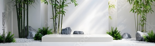 Minimalist podium, bamboo tree in sunlight, leaf shadow in blank white concrete wall for modern luxury organic beauty, cosmetic, skincare, nature, fashion product display background