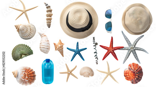 Flat lay composition with beach objects isolated on transparent background