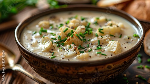A bowl of creamy cauliflower and cheese soup, garnished with chives.