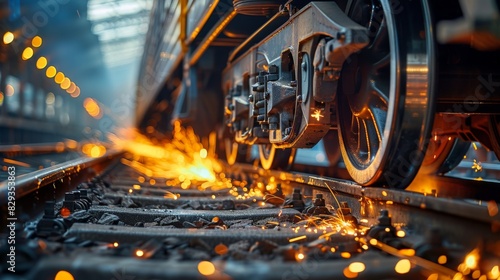 A close-up of a train wheel under braking. Braking causes thousands of sparks to fly between the wheel and the rail. Generative AI.