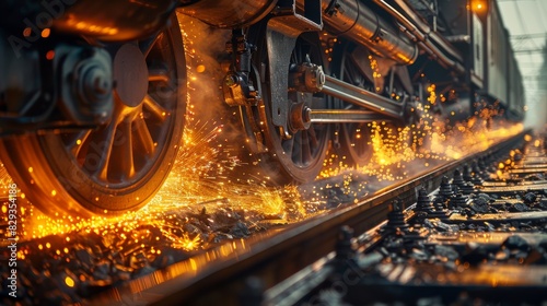 A close-up of a train wheel under braking. Braking causes thousands of sparks to fly between the wheel and the rail. Generative AI.