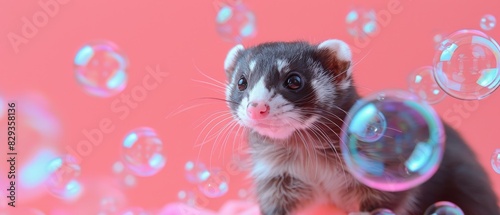 A levitating ferret floats amidst shimmering bubbles on a soft pastel backdrop