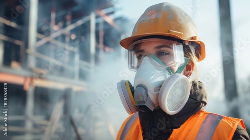 A worker adjusting the fit of their respirator mask preparing to enter a dusty area of the construction site.