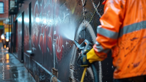 Worker in high-vis jacket using a powerful pressure washer to remove graffiti from an urban surface, focused close-up