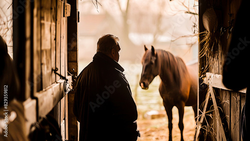 A man stands at the entrance of a barn, looking at a horse in the stable. The rustic environment highlights the connection between humans and animals in a rural setting.