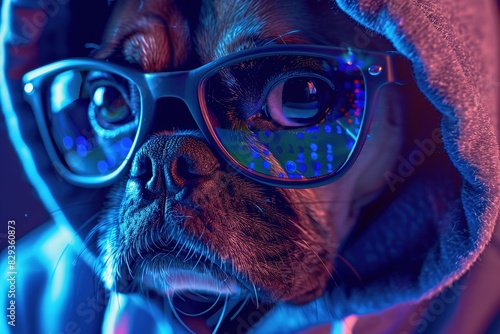 dog wearing glasses with blue blocker lenses in front of a computer monitor