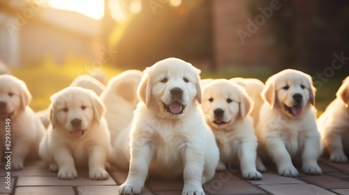 golden happy feeding dog puppies retriever puppy cute pet adorable white breed animal domestic mammal pedigree little purebred young baby portrait mother background litter floor do