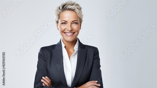 a confident middle-aged businesswoman in a tailored suit, smiling 