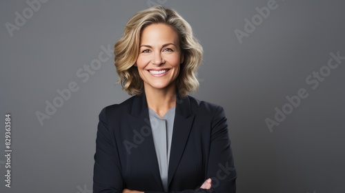 a confident middle-aged businesswoman in a tailored suit, smiling 