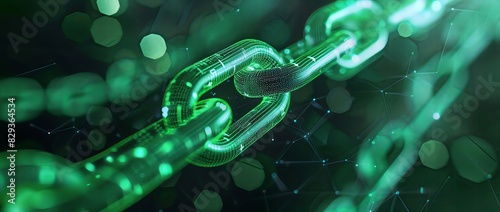 3d rendering of green digital chain connection with abstract background, technology concept. Digital blockchain network in dark space, data transfer and cyber security concept. Abstract futuristic pol