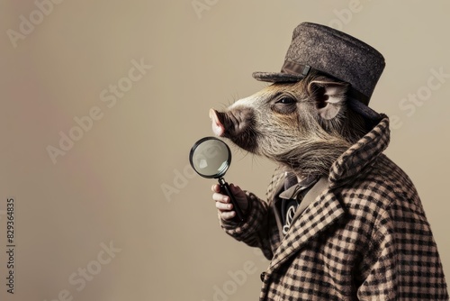 A peccary in a detectives outfit, with a magnifying glass and deerstalker hat, on a solid beige background with copy space