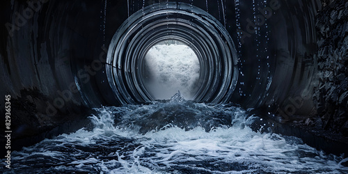 A tunnel with water flowing through it, the water appears blue and is splashing against the inside of the tunnel