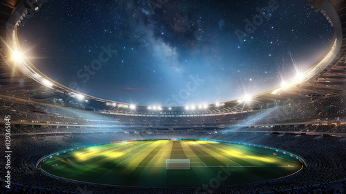 Under the twinkling stars, the stadium radiates a sense of grandeur and anticipation, inviting fans to gather and witness thrilling sporting events unfold on its pristine turf.