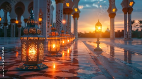 Ornate lanterns set against a beautiful Islamic background, with the setting sun casting a gentle, warm light