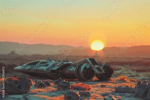 A spaceship, abandoned on a desolate plain, glimmered in the fading light of a binary sunset, against a rocky landscape with blurry background, scifi photo, Sharpen banner
