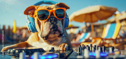 Bulldog DJ in Orange Sunglasses and Headphones at Beach Party