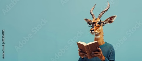 An antelope dressed as a professor, with glasses and a book, on a solid light blue background with copy space