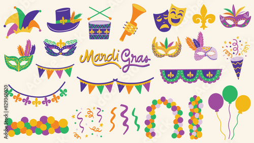 Mardi Gras festival elements set. Balloons, banners, buntings, confetti, fleur de lis, jester hat, masquerade masks. Hand drawn vector illustrations.