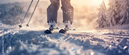 Skiers hitting the slopes during a winter break, their breath visible in the frosty air, close up