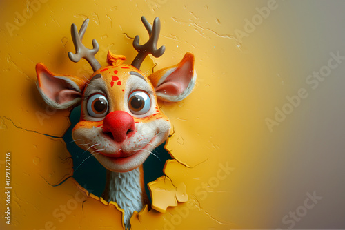 cute xmas rudolf reindeer peeking from orange wall.Banner/website/design