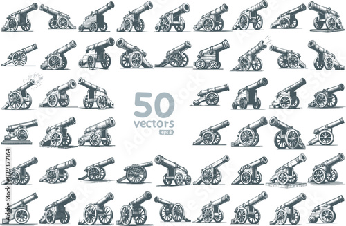 old vintage cannon collection hand drawn vector illustration
