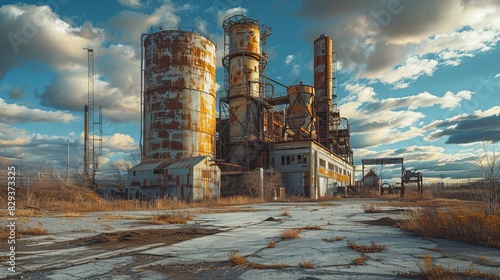 Wide shot of a derelict industrial plant with rusted silos and metal structures under a cloudy sky