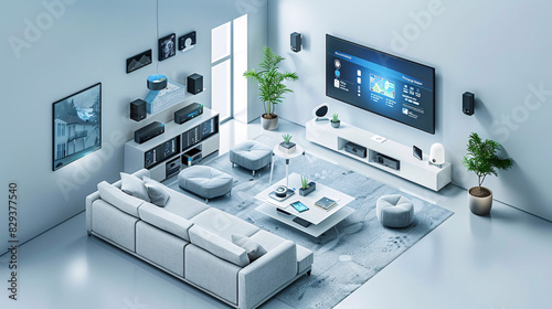An isometric view of a modern living room in an AI-enhanced smart home, showcasing an advanced home management system on a sleek wall display. The design is clean and minimalistic, providing plenty
