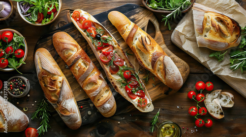top view flat lay baguettes with tomatos and herbs on wooden cutting board.
