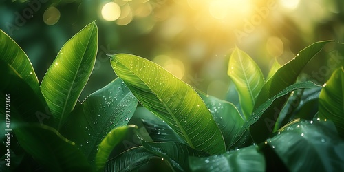 a close up of some green banana leaves , dews, blurry background, high definition photography style, blurred background, sunlight exposure, bokeh effect, light and shadow play, in sharp focus, 