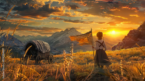 young pioneer child holding a vintage old homemade flag and standing beside a covered wagon, with a backdrop of majestic mountains and a setting sun for Pioneer Day background.
