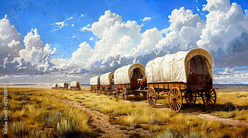 pioneers used covered wagons for their journey in the desert against blue sky for Pioneer Day background.