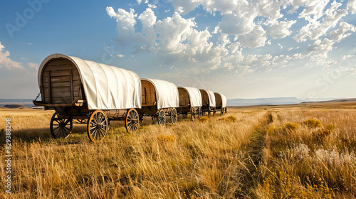 pioneers used covered wagons or Conestoga wagons for their journey in the desert for Pioneer Day background.