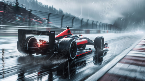 During a rainy race, a modern race car traverses the track expressing speed and precision. Rainfall makes every turn a challenge, and puddles of water add an additional element of risk.